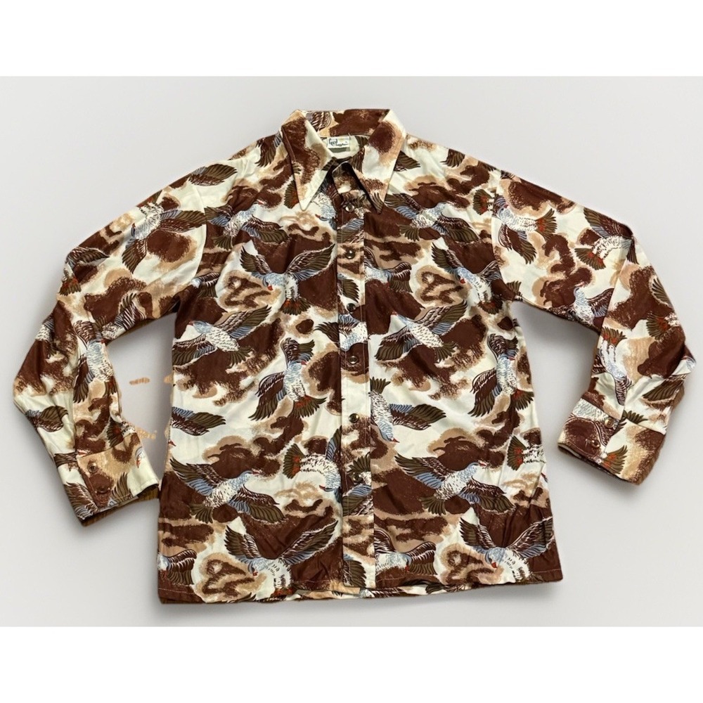 Vintage 60s Lord Clayton Shirt L Hippie Disco Eagle Falcon Stretch Nylon 70s